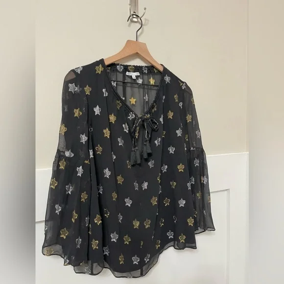 Rebecca Minkoff Derora Star Patterned Silk Metallic Relaxed Blouse Size Small - Picture 4 of 9
